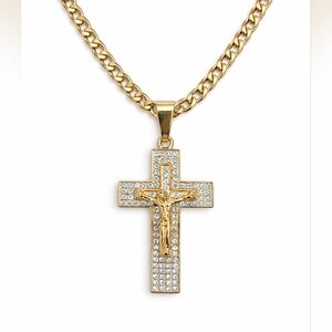 Cross Crucifix Gold Plated Stainless Steel 24" Chain 6mm Necklace And Pendant